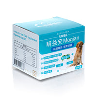 毛寶優品PetSelect 萌益安-犬貓腸胃保健食品瓶身特寫，包裝上強調改善軟便、嘔吐、守護腸道健康的字樣，背景為活潑的貓狗圖案。