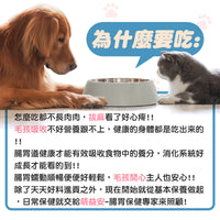 毛寶優品PetSelect 萌益安-犬貓腸胃保健食品瓶身特寫，包裝上強調改善軟便、嘔吐、守護腸道健康的字樣，背景為活潑的貓狗圖案。
