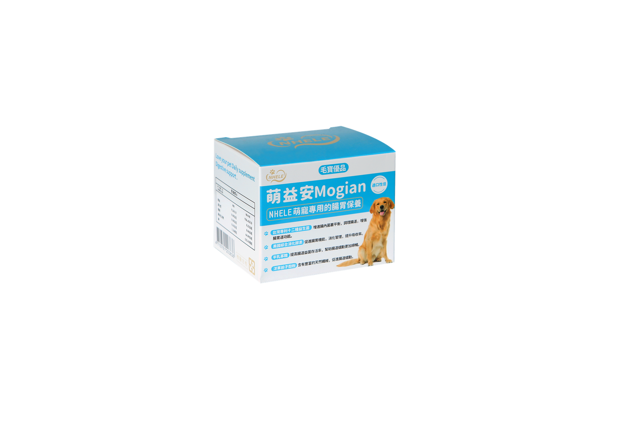 毛寶優品PetSelect 萌益安-犬貓腸胃保健食品瓶身特寫，包裝上強調改善軟便、嘔吐、守護腸道健康的字樣，背景為活潑的貓狗圖案。