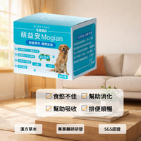 毛寶優品PetSelect 萌益安-犬貓腸胃保健食品瓶身特寫，包裝上強調改善軟便、嘔吐、守護腸道健康的字樣，背景為活潑的貓狗圖案。