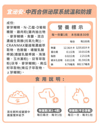 宜泌安犬貓泌尿道保健食品包裝，呈現毛寶優品PetSelect品牌與泌尿護理功效，讓愛寵遠離頻尿、尿血困擾。