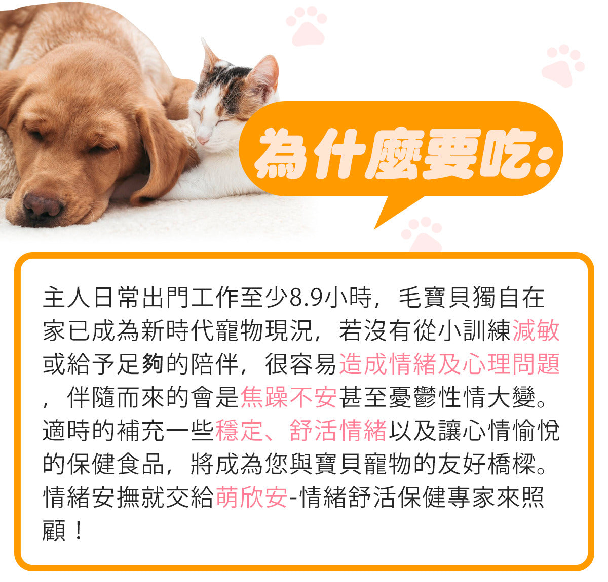 毛寶優品Petselect萌欣安-犬貓情緒舒活保健食品包裝，幫助舒緩分離焦慮、環境壓力與情緒困擾的犬貓。