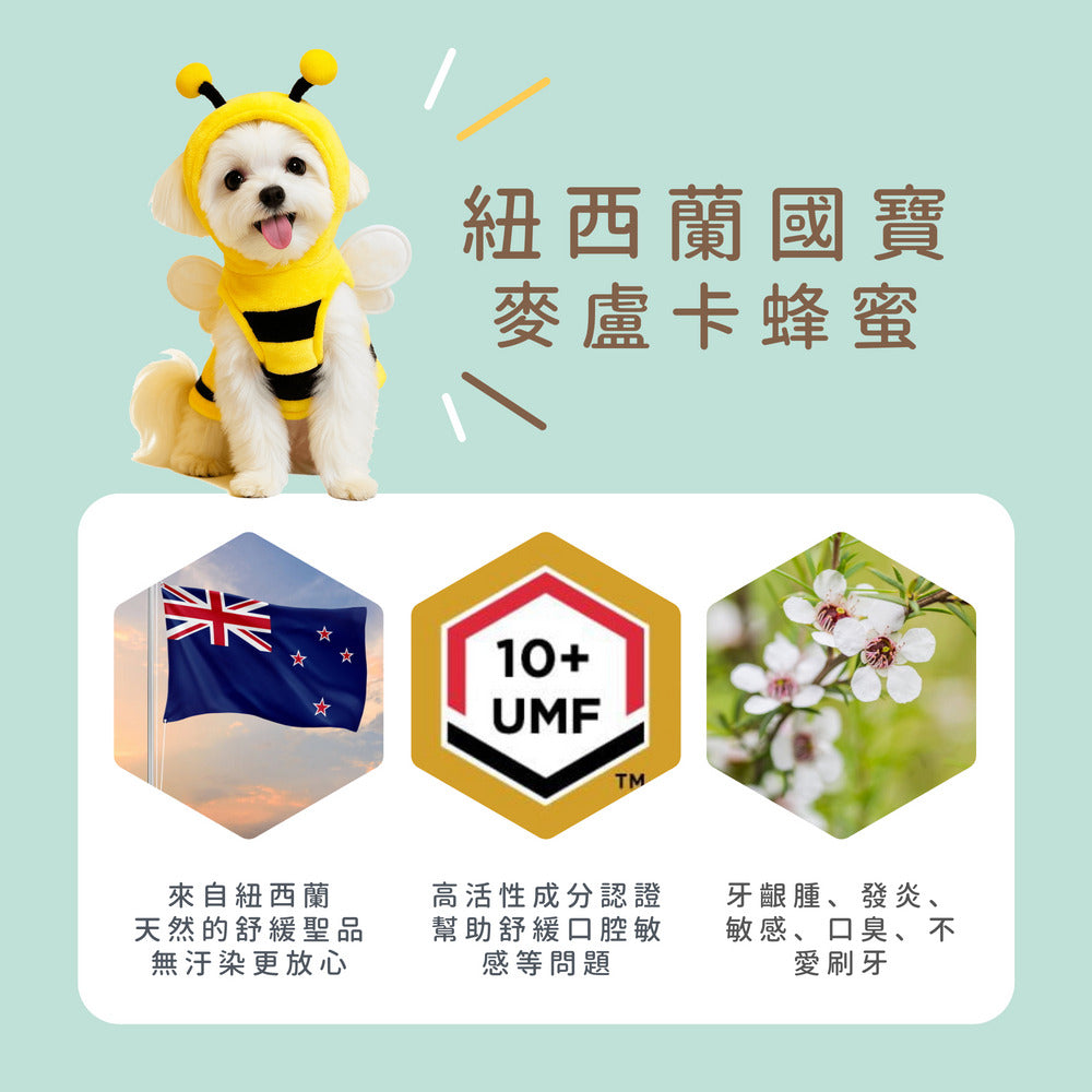 毛寶優品Petselect My Honey寵膚健系列，麥盧卡蜂蜜牙齦舒緩滴劑，犬貓專用，瓶身特寫，有效護理牙齦，改善口氣與口腔健康。